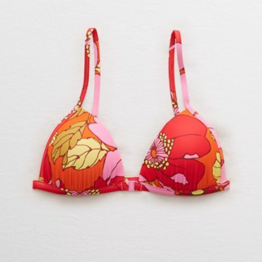 Aerie Women's Perky Triangle Bikini Top, Pink/Orange Floral, size S NWT